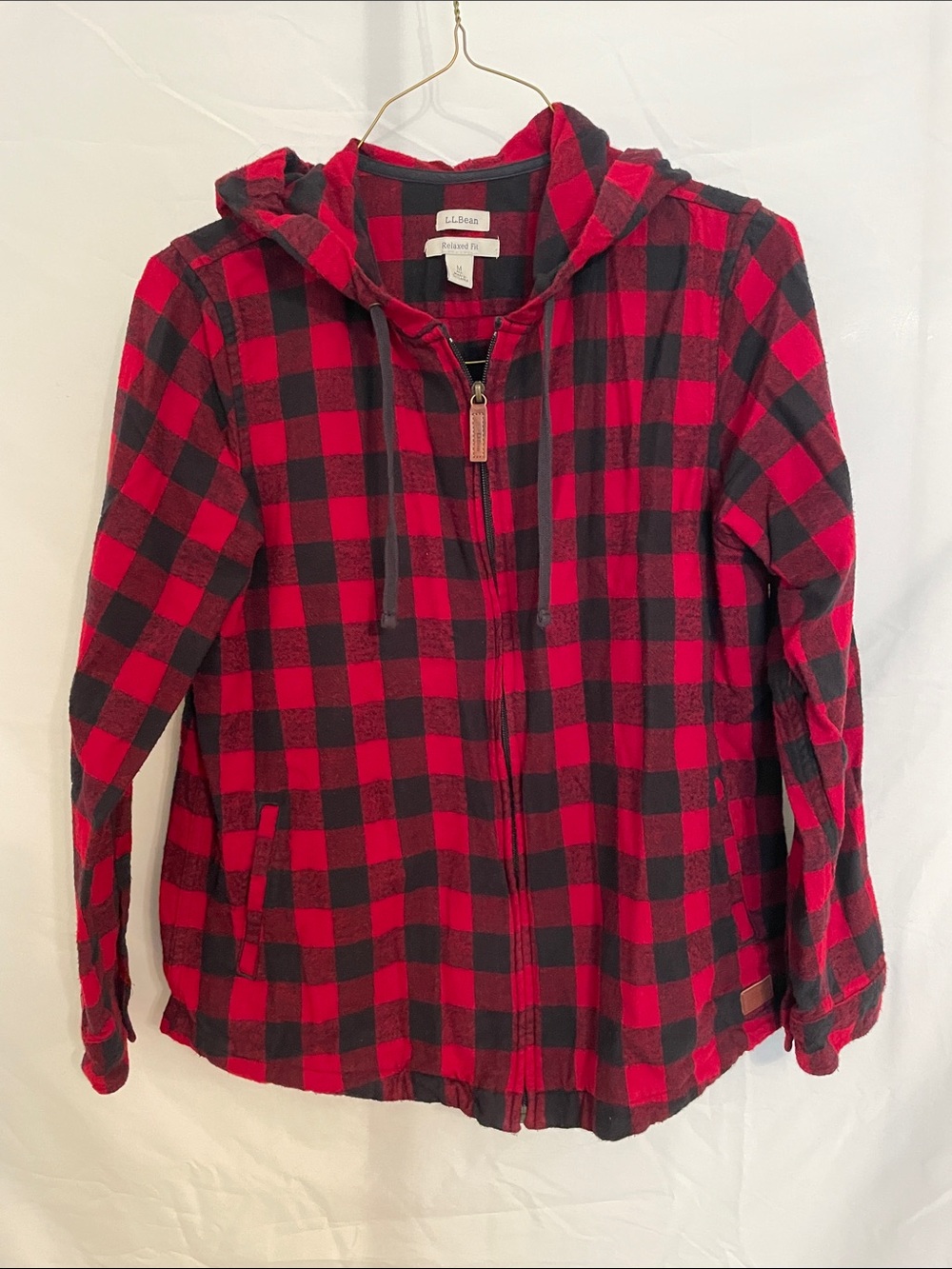 L.L. Bean Red and Black Buffalo Plaid Hooded Zip Jacket